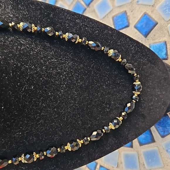 Bohemian Goldtone Jet Black Glass Beaded Necklace - Picture 3 of 4
